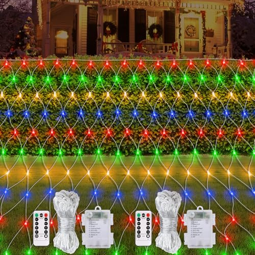 Paquete de 2 luces de red de Navidad que funcionan con pilas, 1,5 m x 1,5 m, 100 luces LED con temporizador remoto, 8 modos regulables, luces de malla para exteriores, para árbol de Navidad, arbusto,