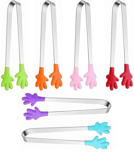 Aczyqws 6 pcs silicone tongs,6 Colors Multifunctional Mini Food Clip with Skid-Proof Hand Shape Silicone Stainless Steel Food Tongs',Small Tongs ice Cube Tongs for Food Kitchen Tongues Folder Ice Clip