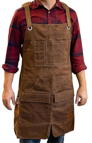 Kraftig Vaxcanvas Arbetsförkläde, Justerbart Verktygsförkläde Med Fickor För Träbearbetning, Svetsning,One Size,Brown