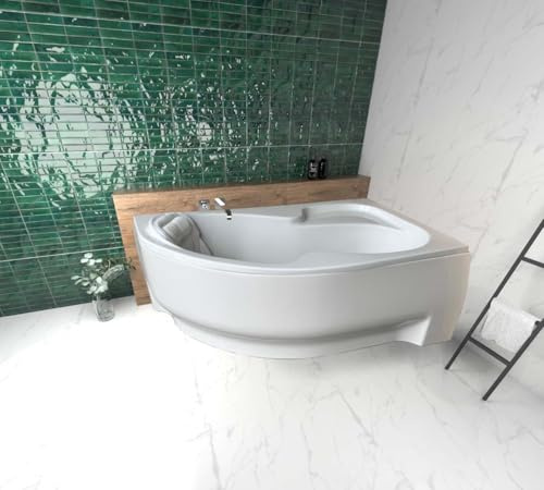 ECOLAM Baignoire d'angle Wela 150 x 100 cm droite + tablier | oreiller Mare | pieds siphon set complet