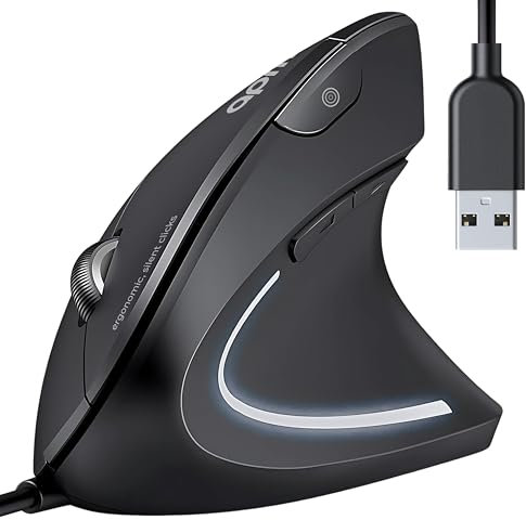 APM Kyno - Ratón ergonómico silencioso con Cable, ratón Vertical, 1200 a 3600 dpi, 6 Botones, LED, prevención de TMS, para diestros PC Mac Ordenador portátil, clics silenciosos, 571166