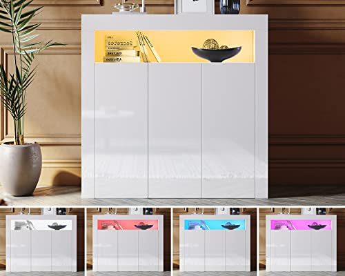 SONNI Sideboard Weiß Hochglanz, Kommode modernes, 3-Türen für Küche, Wohnzimmer & Esszimmer, 116x35x93cm, GK002.