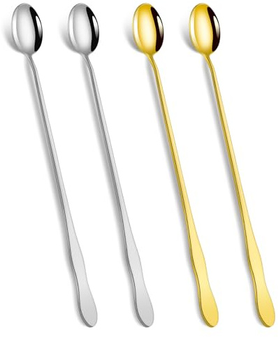 10 Inch Long Stainless Steel Bar Spoons, Cocktail Coffee Iced Tea, 4 Pack