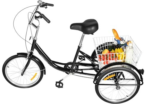 Eieblek 20 tums trehjuling, 8 växlar – 3 hjul cykel med inköpskorg, cargo-bike cruiser cyklar, justerbar höjd 96–105 cm, för vuxna seniorer och kvinnor (svart)