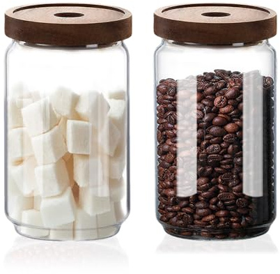 Glass Jars with Airtight Wood Lids - 750 ML Kitchen Pantry Storage Container, Decorative Canister for Coffee Bean, Sugar, Spice, Cereal, Oat, Cookie, Candy, Tea, Nuts, Cereal, Treat, Fusilli, Set of 2