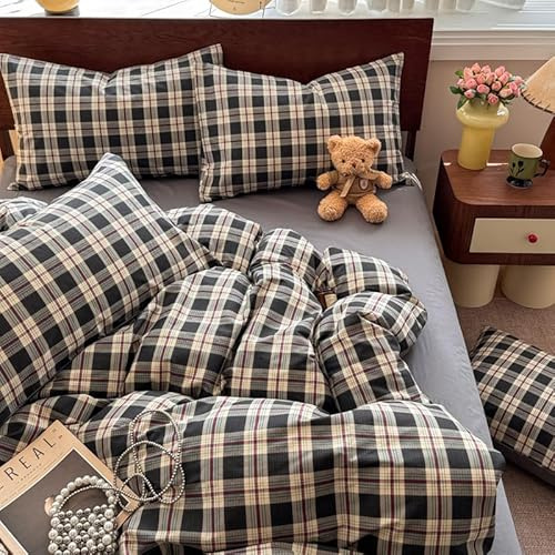 Freyamy Housse de Couette 240x260cm à Carreaux Vichy Noir Gris Parure de lit Adulte 2 Personne avec Fermeture Éclair Moderne Sets de Housse en Microfibre avec 2 Taie d'oreiller 65 x 65cm