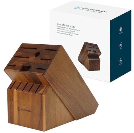 KITCHENDAO 14 Slot Acacia Wood Knife Block without Knives, Universal Knife Holder for Kitchen, Holding Multiple Types of Knives, Countertop Butcher Block Knife Stand for Easy Kitchen Storage