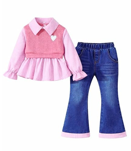 OrJana Completo Bambina 2 Pezzi Primavera Autunno, Camicetta a Righe con Gilet Cuore e Jeans a Zampa, Stile Preppy (pink, 7-8 anni)