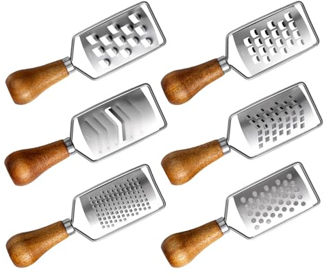MUELODSIC 6pcs Stainless Steel Handheld Cheese Shredder and Vegetable Grater Set with Wood Handle, Coarse and Fine Zester, Slicer and Food Chopper for Kitchen Cooking