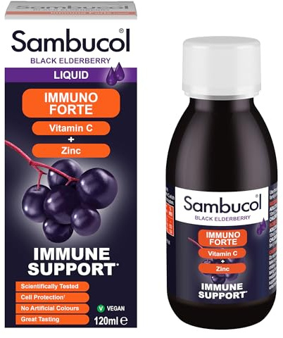 Sambucol Natural Black Elderberry Immuno Forte, Vitamin C, Zinc, Immune Support Supplement Liquid, Syrup, 120 ml (Pack of 1)