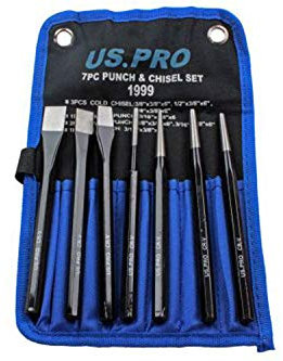 Lot de 7 poinçons et burins en acier au chrome vanadium dans une pochette en toile