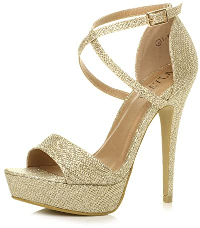 Ajvani Womens Ladies Platform high Heel Peeptoe Cross Over Strappy Shoes, 5 UK, Gold Shimmer