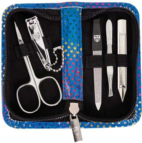 DREI SCHWERTER Germany Maniküreset Nagelset 'Siena' - 5-tlg. Hautschere, Nagelknipser, Saphirnagelfeile, Nagelreiniger, Pinzette, Farbe blau und Sterne