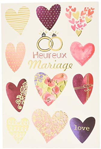 69-7074 Carte Heureux Mariage Félicitations avec Dorure Or Doré Love Cœurs Roses Alliances Couple Bague de fiançailles Fabriqué en France