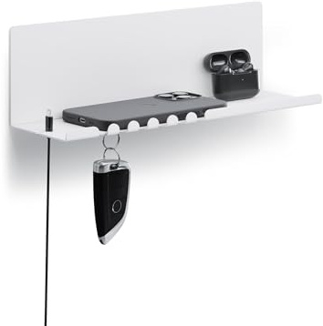 byde Helke - Mensola da Parete, 30 x 9 x 9 cm, 5 Ganci e Porta Cavi, In Lamiera di Acciaio Verniciato a Polvere, Organizer per Chiavi e Lettere per Ingresso, Corridoio, Cucina, Ufficio, Colore Bianco