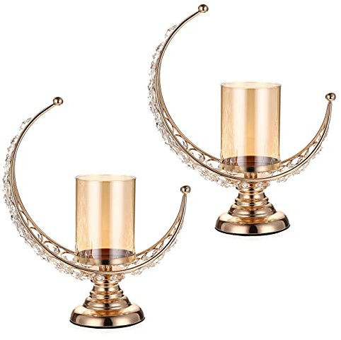 Tolida Pack of 2 Moon Shape Crystal Tea Light Candelabra Candle Holder with Detachable Shade for Home Office Wedding Party Reception Table Center Decoration, Gold