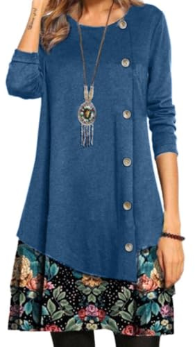 Onsoyours Robe Femmes Casual Automne Bouton Manches Longues Robe Chic Imprimé Patchwork Écossais À Grand Swing Mi-Longue Robe Chic Décontracté Robe De Soirée C Bleu Foncé L