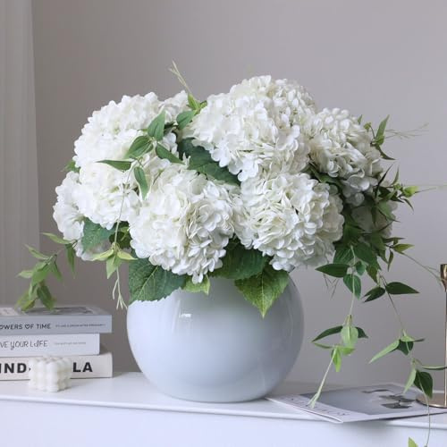 grtefhu 4pcs 21 Faux White Hydrangeas Artificial Flowers, Real Touch Silk Hydrangea Flowers with Stems for Bridal Wedding Bouquet Party Home Decor