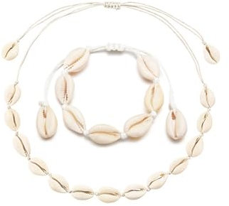 Qaziuy 2 Stück Muschel Halskette Armband Set,Damen Muschel Halskette Natürliche Muschel Armband Schmuck Verstellbares Boho Muschelkette für Damen Mädchen Sommer Strand Schmuck