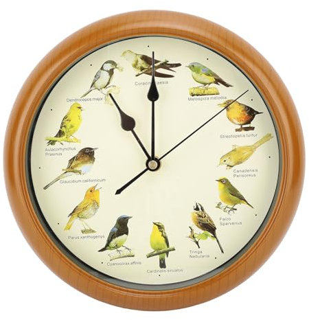 Wanduhr, Vogelgesang-Uhr, Original, mit 12 Einheimischen Singvögeln, Ruhezeit bei Nacht, Original-Naturaufnahmen, Heimdekoration, Dekorative Uhr, Nicht Tickend (Brown)