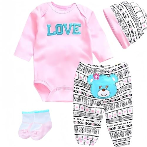 Ropa de Muñeca 4pcs Set Rosa Outfit Accesorios para 17-22 Pulgadas Reborn Muñeca Niños y Niñas Ropa de Recién Nacido Bebé con Sombrero para 43-55 CM Muñecas Reborn【Patrón de Lindo Oso】