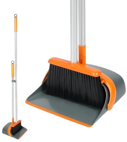 Dirty Fox Juego de escoba y recogedor con mango de 54 pulgadas de largo, combo perfecto de recogedor y cepillo para limpieza eficiente del hogar (naranja y gris)