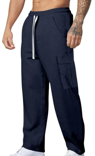 MakingDa Cargo Pantalon Velours Homme Côtelé Travail Cordon Taille Elastique Regular Fit Sportif Multipoche Travail Droite Solid Jogging Pants Retro Japonais Décontracté Casual Trousers Bleu marine XL
