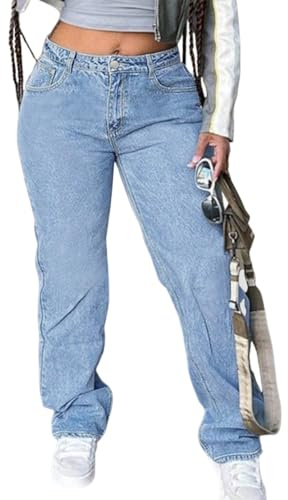 AprPith Women's Mid Waisted Straight Wide Leg Jeans Loose Fit Boyfriend Tummy Control Trendy Denim Pants with Pocket Light Blue