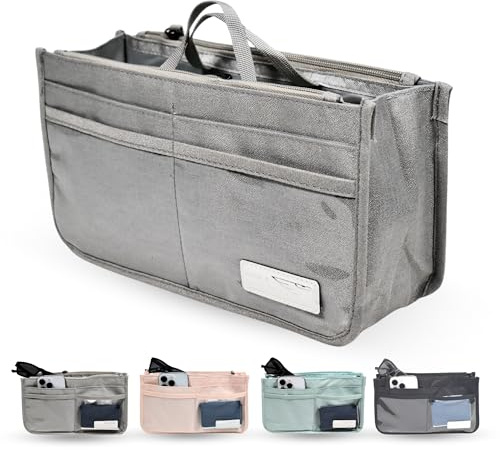 Organizador de bolsos de mujer insertable para interior de bolso, 2 asas, 13 compartimentos (10 bolsillos, 6 transparentes, 2 con cremallera, 1 central grande), ligero, poliéster 27,5x15,5x9,5cm GRIS