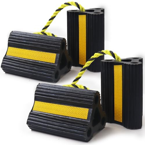 Wheel Chocks for Trailers RVs camper Trucks and Small Aircraft wheel chock, Wheel Chocks Block with 3 Reflective Strips ,Versatile Heavy Duty Solid Rubber Wheel Immobilizers & Chocks[2 Pair 4 Pack]