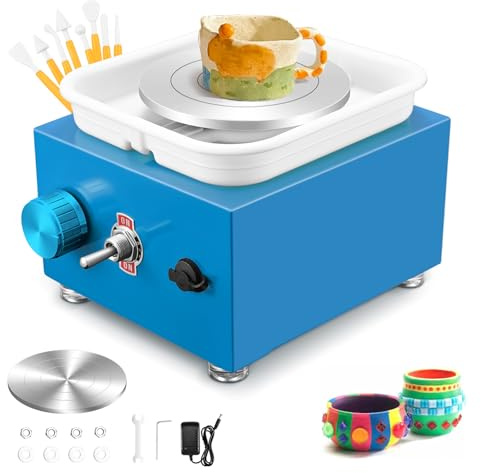 Mini Pottery Wheel, Couleeur 2000RPM & 10/6.5cm Plates Turntable Pottery Wheel, Adjustable Speed Pottery Wheel for Kids with Shaping Tools for Pottery DIY Shops, Pottery Teaching(Blue)
