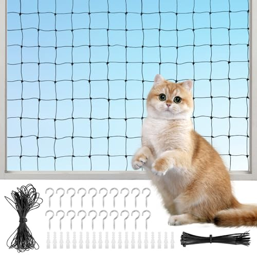 JurciCat Kattnät för balkong utan borrning 3x4m kattnät Med 15m fästrep och tillbehör kattnät fönster För katter att säkra balkonger terrasser fönster dörrar staket