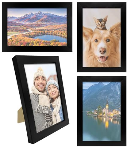 Xpieoyrm Set di 4 Cornici per Foto da 10x15 cm, Cornici nero con supporto 6 pollici, Portafoto con Cornice in MDF e Pannello in Acrilico, Cornice Portafoto Moderna per Pareti e Tavoli