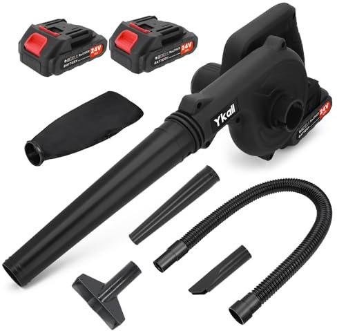 Ykall Souffleur à feuilles électrique sans fil 24 V avec 2 batteries et chargeur, souffleur puissant pour jardin, terrasse, garage, poussière, neige et poils d'animaux (noir)