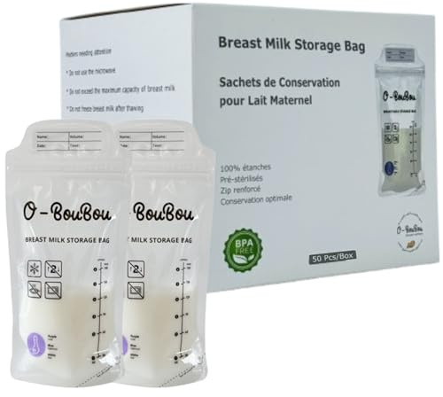 Lot de 50 Sachets de Conservation Lait Maternel sans BPA - Recueil Lait Maternel - Sac Conservation du Lait Maternel Préstérilisés, Double étanchéité - Sac Congelation de 180 ml - Poche Lait Maternel