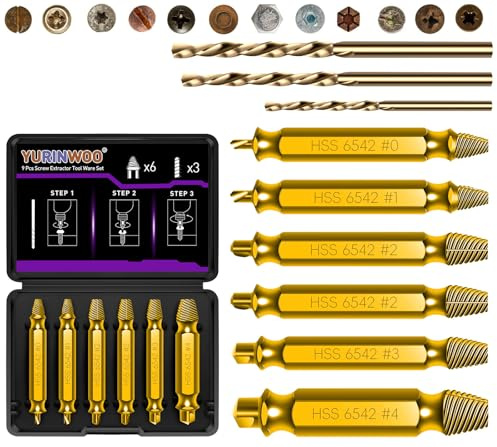 Juego de 9 extractores de tornillos chapados en titanio dorado, dureza de 80 HRC, modelo HSS 6542, herramienta de extracción de tornillos de agarre de tornillo, más duradero, juego de brocas generales