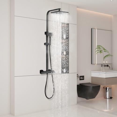 Duschsäule, Thermostat, mit Dusche, quadratisch, 20 cm, Duschsystem 38 °C, Duschsäule, schwarz, höhenverstellbar zwischen