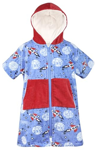 FLYISH DIREKT Handduk med huva, 100 % bomull, tjock strandponcho, superabsorberande kortärmad badrock för pojkar och flickor, Raketer, 12-14 År