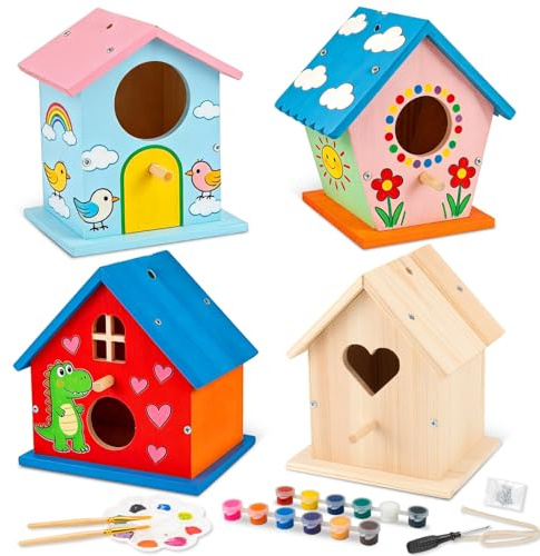 DoodleDoo 2 Pack Wooden DIY Birdhouse Kit, Art and Craft, Bird Houses Indoor Outdoor Painting Kit with Paint & Brushes for Kids Ages 6-12 Birthday Gift for Adults Boys Girls