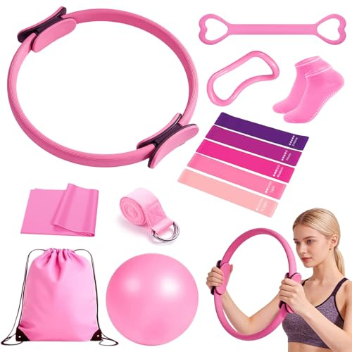Itharon Kit Pilates Completo x Casa 13 Pezzi, Kit Pilates Donna Essential con Cerchio, Palla, Cintura di Yoga, Manifesto di Allenamento e Borsa Portatile, Rosa