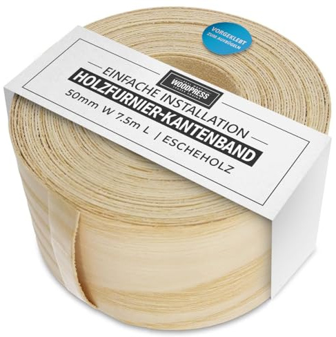 WoodPress® 50 mm strykkant i äkta askträ – 7,5 m rulle – förlimmad träfanér tejp för enkel gör-det-själv-applikation – täcker kanten på en standard MDF-panel