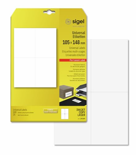 Sigel LA164 universella permanenta etiketter, vit, 10,5 x 5,8 cm, 100 lbl = 25 ark, vit