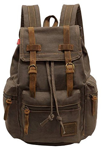 P.KU.VDSL Canvas Rucksack, Vintage Rucksack Schulrucksack Retro Rucksack Daypack Backpack Lederrucksack Wanderrucksack Reisetasche Laptoprucksack für Herren Damen Jungen Mädchen (A - Armygreen)