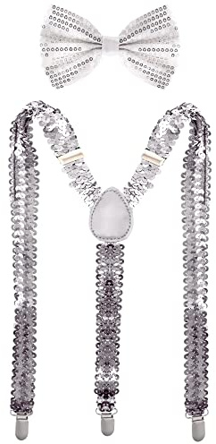 Man of Men - Premium Sequin Bow Tie & Suspenders Set (Silver)