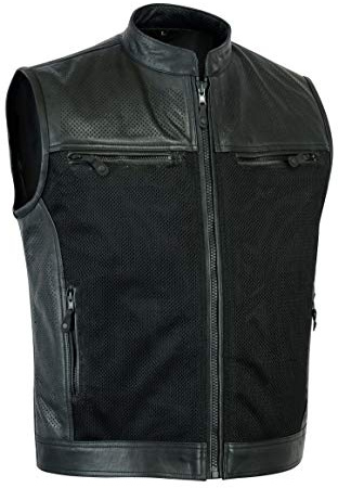 Leatherick Mens Perforated Style Top Grain Buffalo Leather Bikers Waistcoat Black (L)