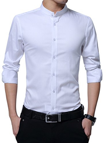 Sliktaa Mens Casual Shirts Long Sleeve Slim Fit Grandad Collar Formal White Black Blue Tuxedo Shirts, XXL, White