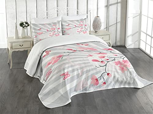 ABAKUHAUS Natur Tagesdecke Set, Vögel auf Kirschbaum, Set mit Kissenbezügen Feste Farben, für Doppelbetten 264 x 220 cm, Hellgrau lila
