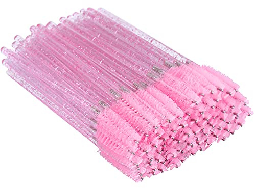 G2PLUS 100PCS Eyelash Mascara Brushes, Disposable Lash Spoolies, Crystal Mascara Wands Makeup Kits for Eyelash Extensions and Eyebrow (Pink)