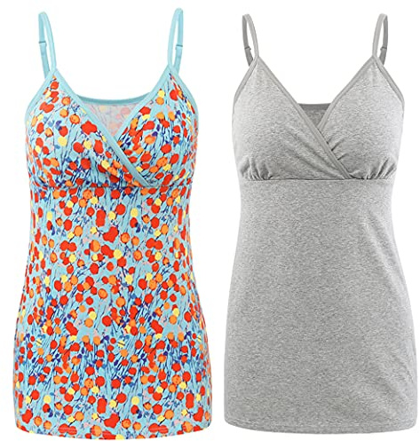 COLOMI Amning linne för moderskap undertröjor för gravida kvinnor bh för amning grundläggande kamisole, Grå+orange tryck/2-pack, L