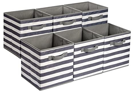 Amazon Basics Collapsible Fabric Storage Cube/Organiser with Handles, Pack of 6, Awning Stripe White/Light Grey, 26.6 x 26.6 x 27.9 cm